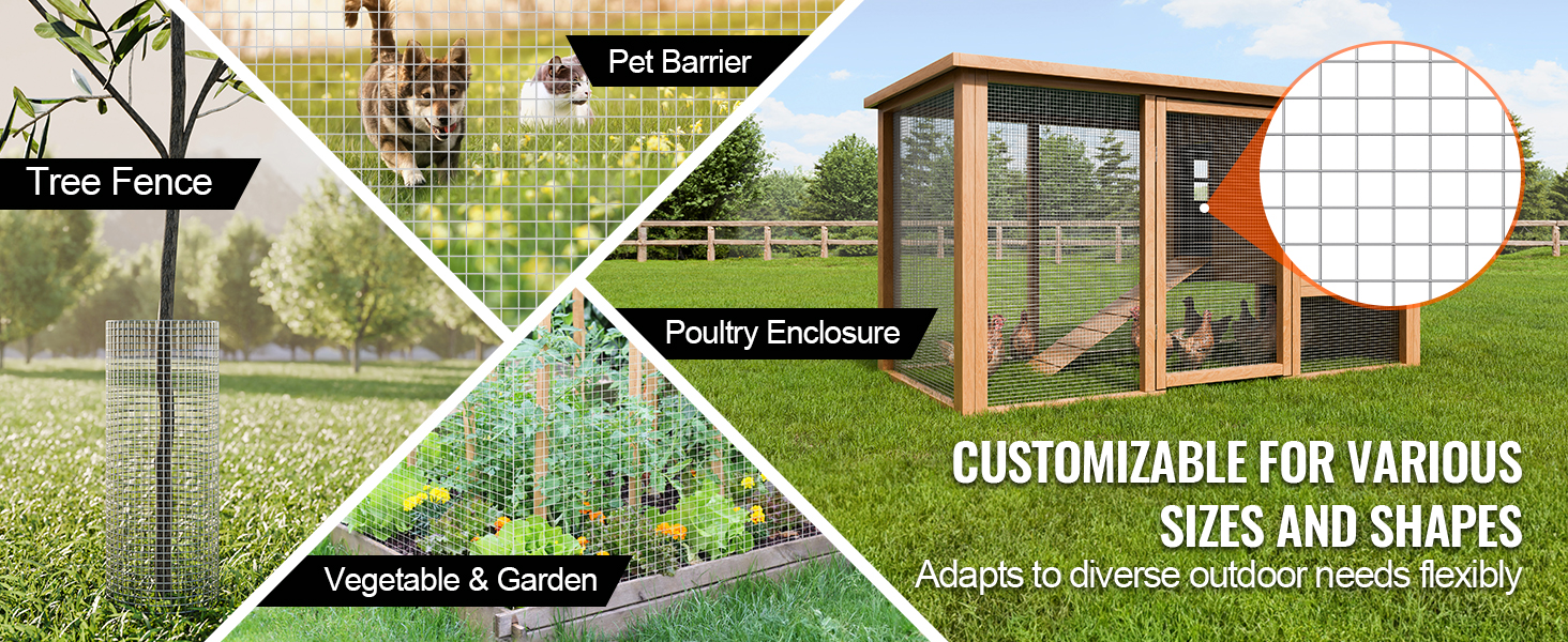 VEVOR hardware cloth used for tree fence, pet barrier, poultry enclosure, and vegetable garden protection.
