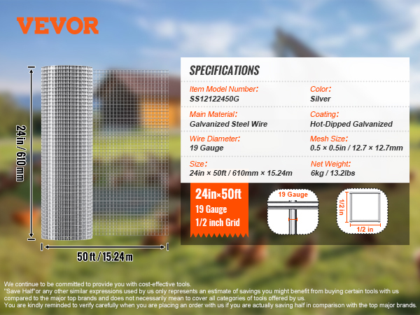VEVOR hardware cloth, 24in x 50ft, galvanized steel wire, 19 gauge, 1/2 inch mesh grid, silver.