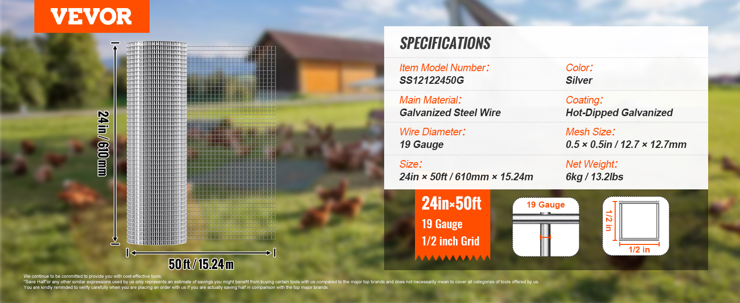 VEVOR hardware cloth, 24in x 50ft, galvanized steel wire, 19 gauge, 1/2 inch mesh grid, silver.