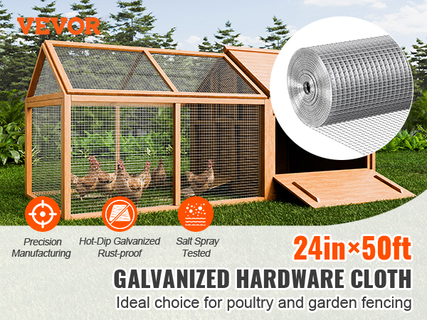 VEVOR hardware cloth 24in×50ft for poultry fencing and garden use, rust-proof and salt spray tested.