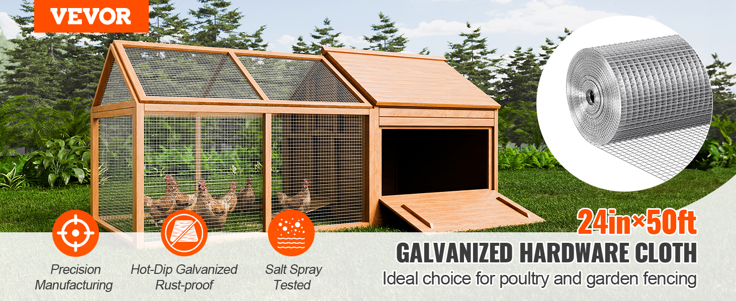 VEVOR hardware cloth 24in×50ft for poultry fencing and garden use, rust-proof and salt spray tested.