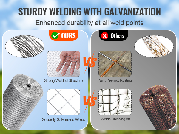 sturdy galvanization of VEVOR hardware cloth vs. rusting and chipping welds of competitor brands.