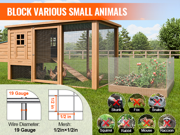 VEVOR hardware cloth blocking small animals like squirrels, rabbits, and mice, in garden and chicken coop.