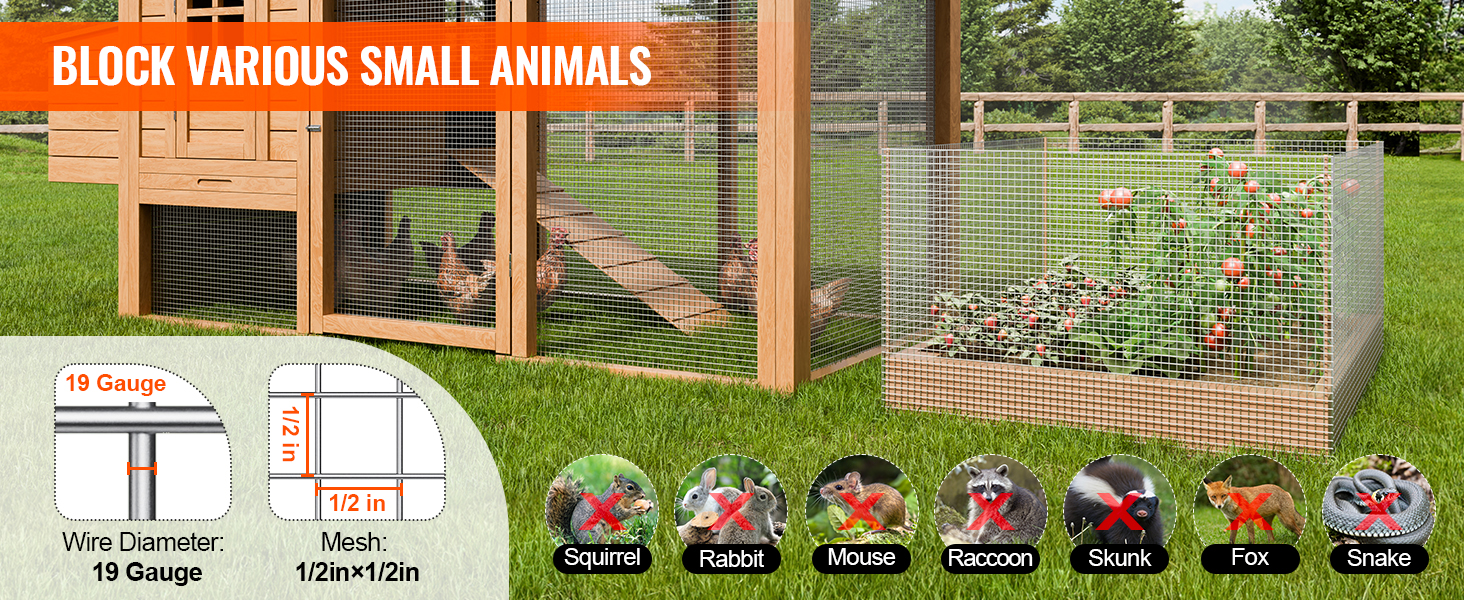 VEVOR hardware cloth blocking small animals like squirrels, rabbits, and mice, in garden and chicken coop.