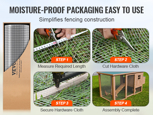 VEVOR hardware cloth step-by-step: measure, cut, secure, complete assembly. moisture-proof packaging.