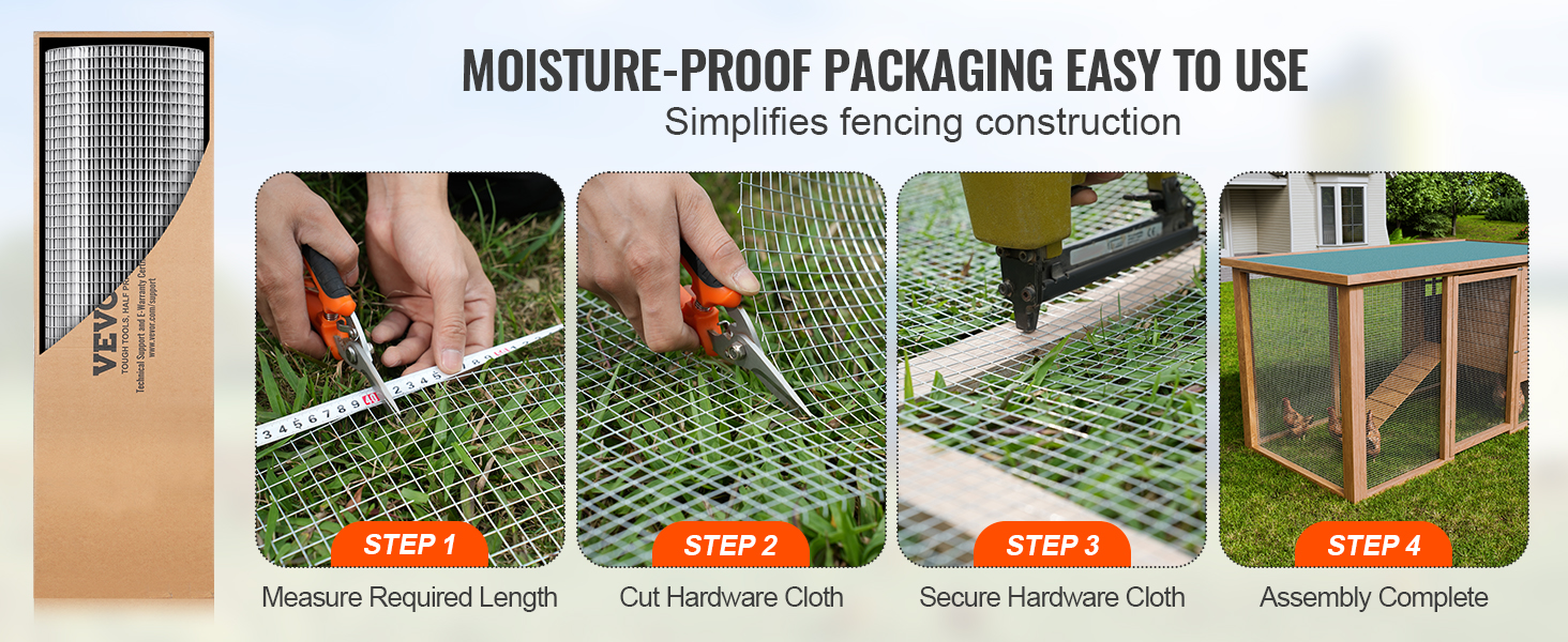 VEVOR hardware cloth step-by-step: measure, cut, secure, complete assembly. moisture-proof packaging.