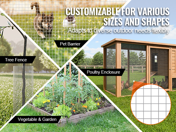 VEVOR hardware cloth used as tree fence, pet barrier, poultry enclosure, and vegetable garden protection.