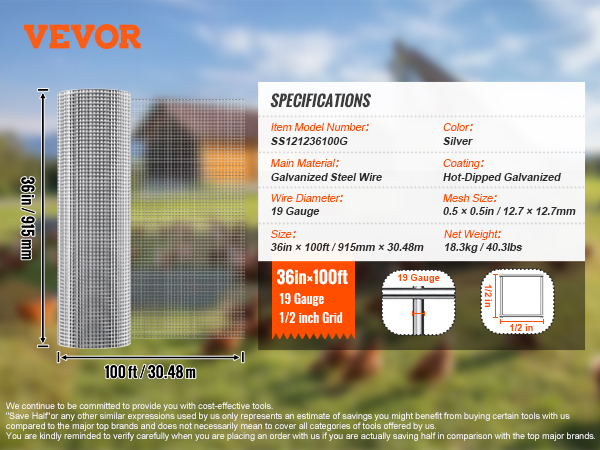 VEVOR hardware cloth 36in x 100ft, 19 gauge, 1/2 inch grid, galvanized steel wire, silver color.