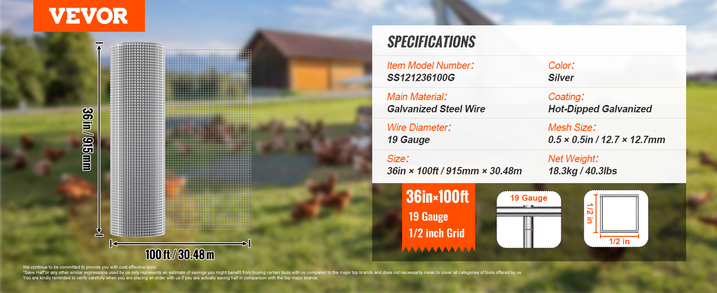 VEVOR hardware cloth 36in x 100ft, 19 gauge, 1/2 inch grid, galvanized steel wire, silver color.