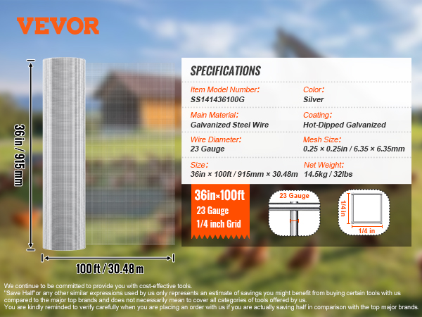 VEVOR hardware cloth, 36in x 100ft, 23 gauge galvanized steel wire with 1/4 inch grid, silver.
