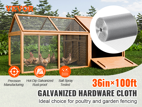 VEVOR hardware cloth in use for a chicken coop with galvanized rust-proof mesh, 36in x 100ft roll displayed.