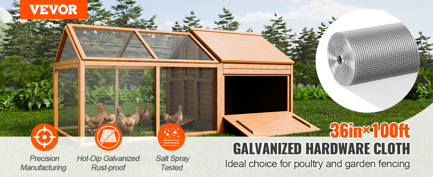 VEVOR hardware cloth in use for a chicken coop with galvanized rust-proof mesh, 36in x 100ft roll displayed.