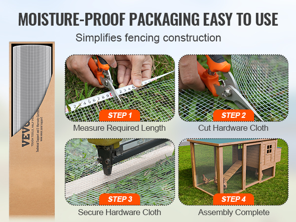 moisture-proof VEVOR hardware cloth steps: measure, cut, secure, and complete assembly for fencing.