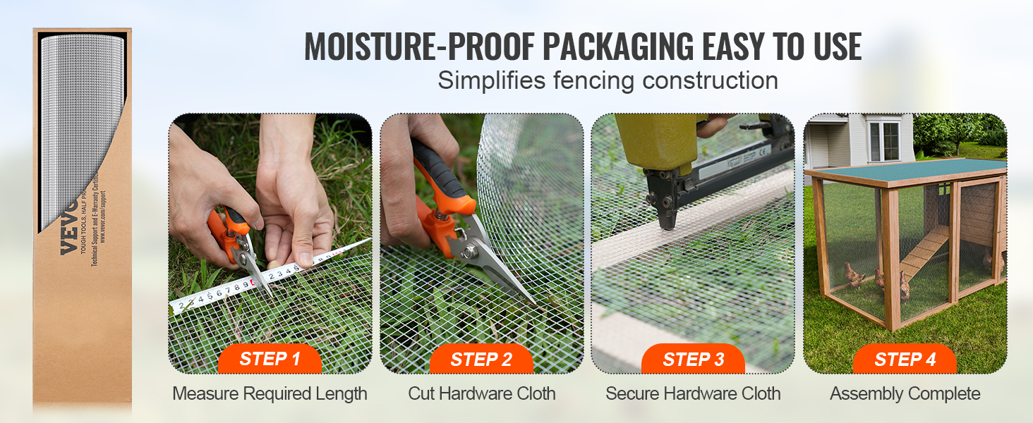 moisture-proof VEVOR hardware cloth steps: measure, cut, secure, and complete assembly for fencing.