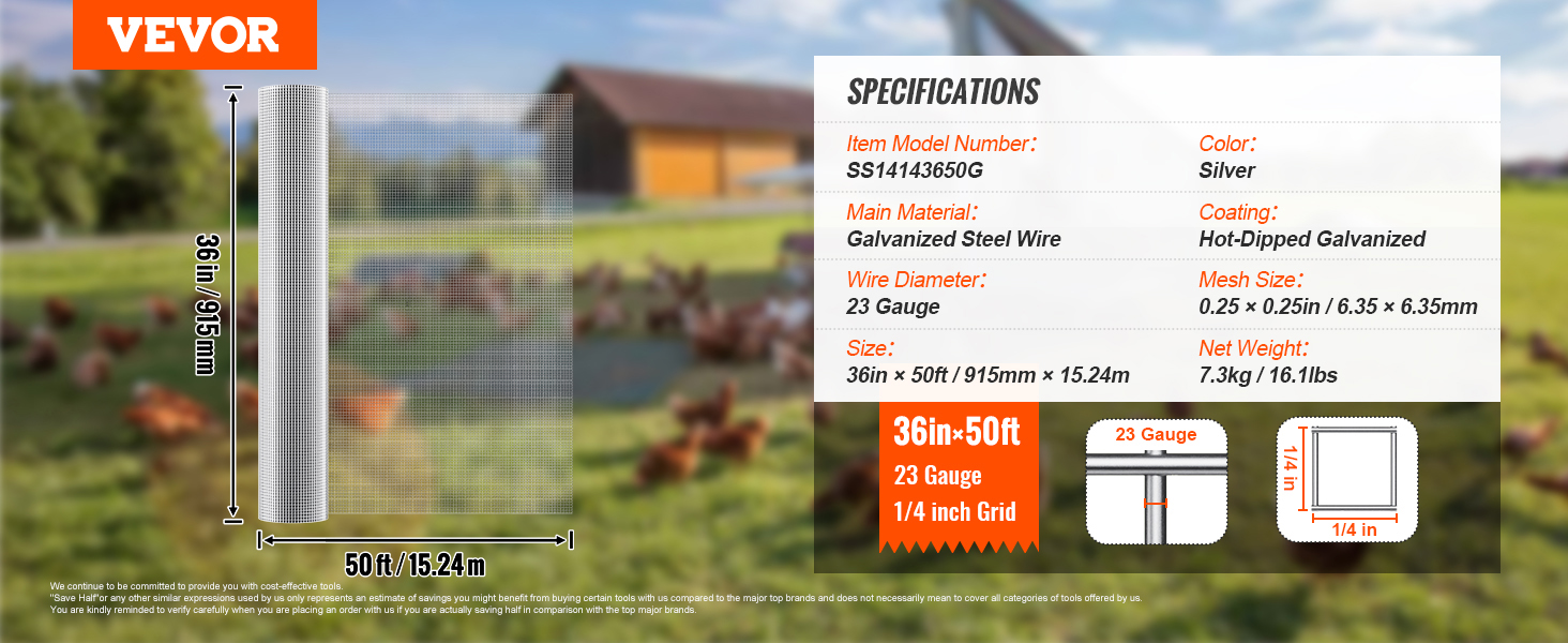 VEVOR hardware cloth, 36in x 50ft roll, 23 gauge galvanized steel wire, 1/4 inch grid mesh, silver color.