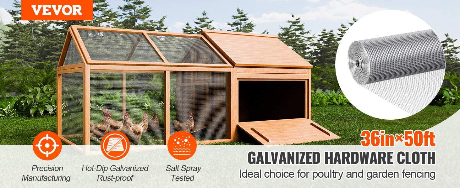 VEVOR hardware cloth for poultry and garden fencing, 36in x 50ft, rust-proof and durable.