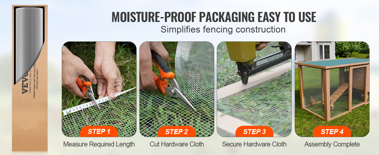 VEVOR hardware cloth: measure, cut, secure, and complete assembly steps for fencing construction.