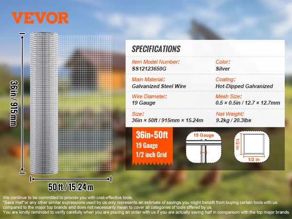 VEVOR hardware cloth: 36in x 50ft, 19 gauge galvanized steel wire, hot-dipped, 1/2 inch grid, silver.