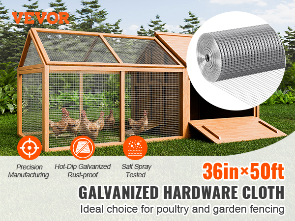 VEVOR hardware cloth, 36in x 50ft galvanized roll, ideal for poultry and garden fencing.