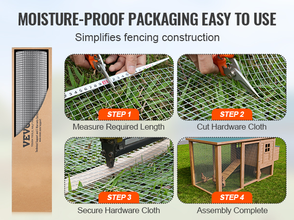 VEVOR hardware cloth steps showing moisture-proof packaging, measuring, cutting, securing, and assembly.