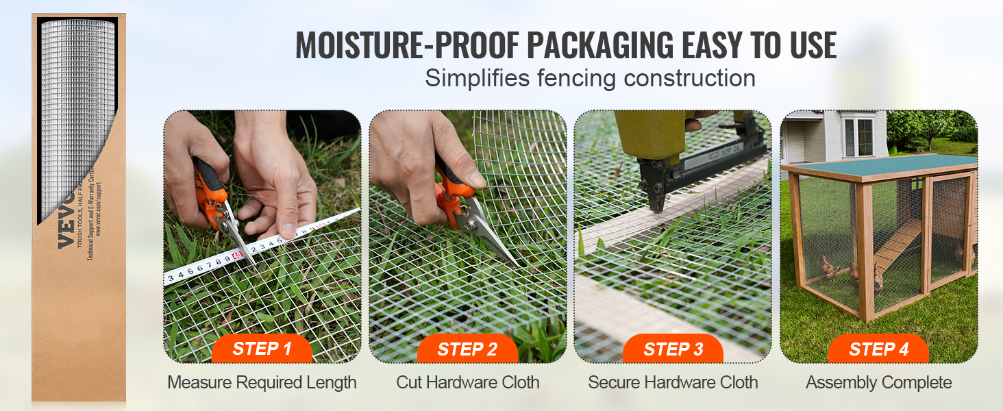 VEVOR hardware cloth steps showing moisture-proof packaging, measuring, cutting, securing, and assembly.