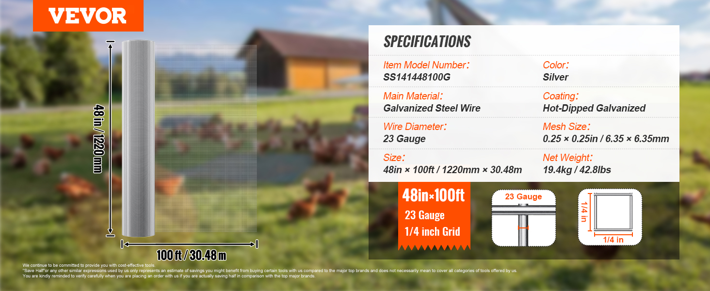 VEVOR hardware cloth specifications, 48in×100ft, 23 gauge galvanized steel wire, 1/4 inch grid.