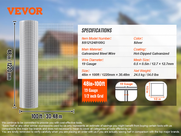 VEVOR hardware cloth, 48in x 100ft, 19 gauge, 1/2 inch grid, galvanized steel wire, silver. specifications included.