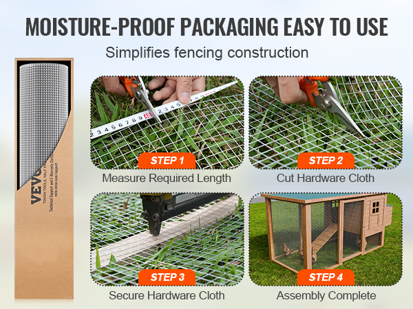 VEVOR hardware cloth steps: measure, cut, secure, and finish assembly for fence construction.