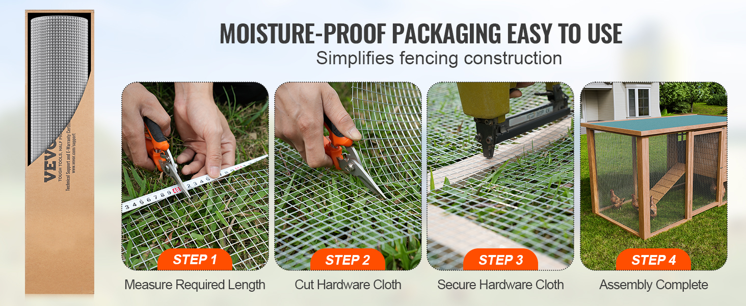 VEVOR hardware cloth steps: measure, cut, secure, and finish assembly for fence construction.