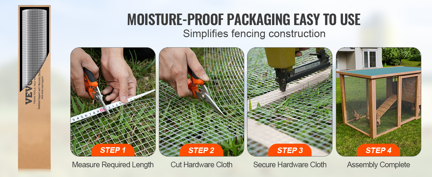 VEVOR hardware cloth in moisture-proof packaging, showcasing measuring, cutting, securing, and assembly steps.