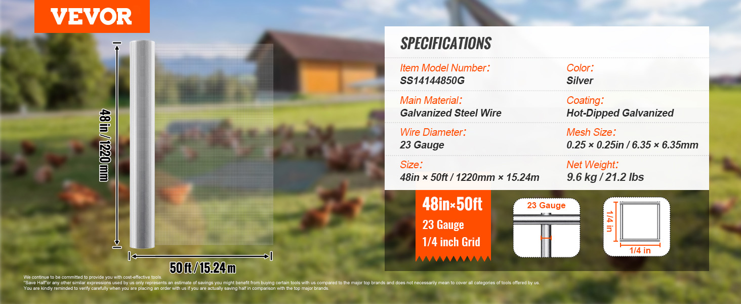 VEVOR hardware cloth roll in silver, 48in x 50ft size, galvanized steel wire, 23 gauge, 1/4 inch grid.