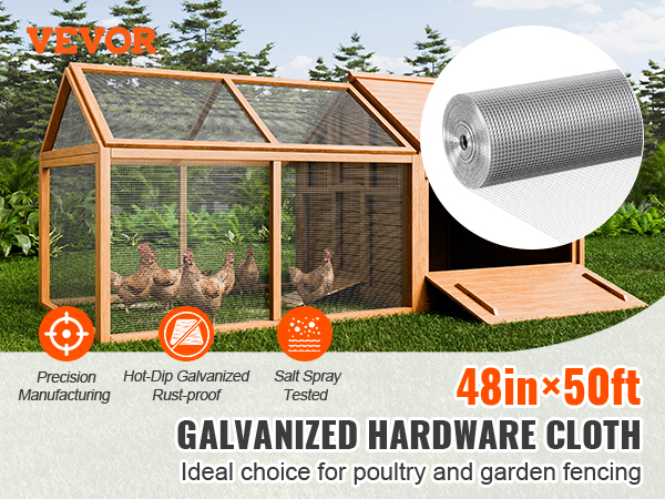 VEVOR hardware cloth, 48in x 50ft, ideal for poultry and garden fencing with rust-proof protection.