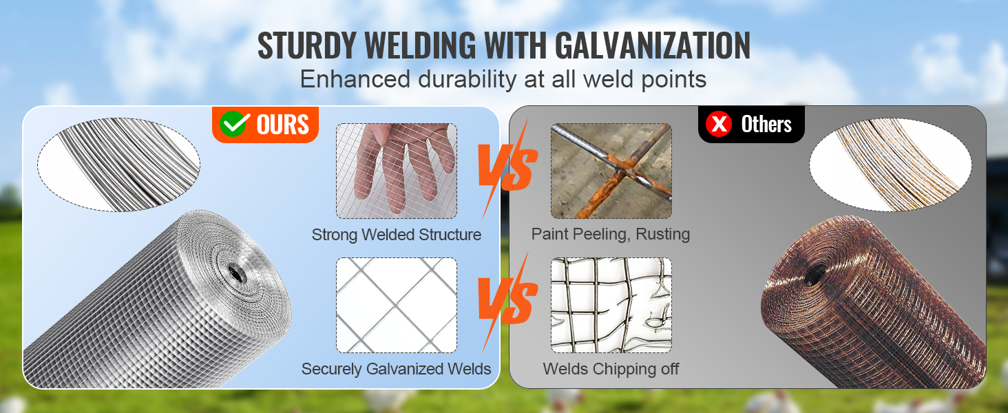 VEVOR hardware cloth vs. others: robust galvanized welds, strong structure vs. rust, peeling paint, weak welds.