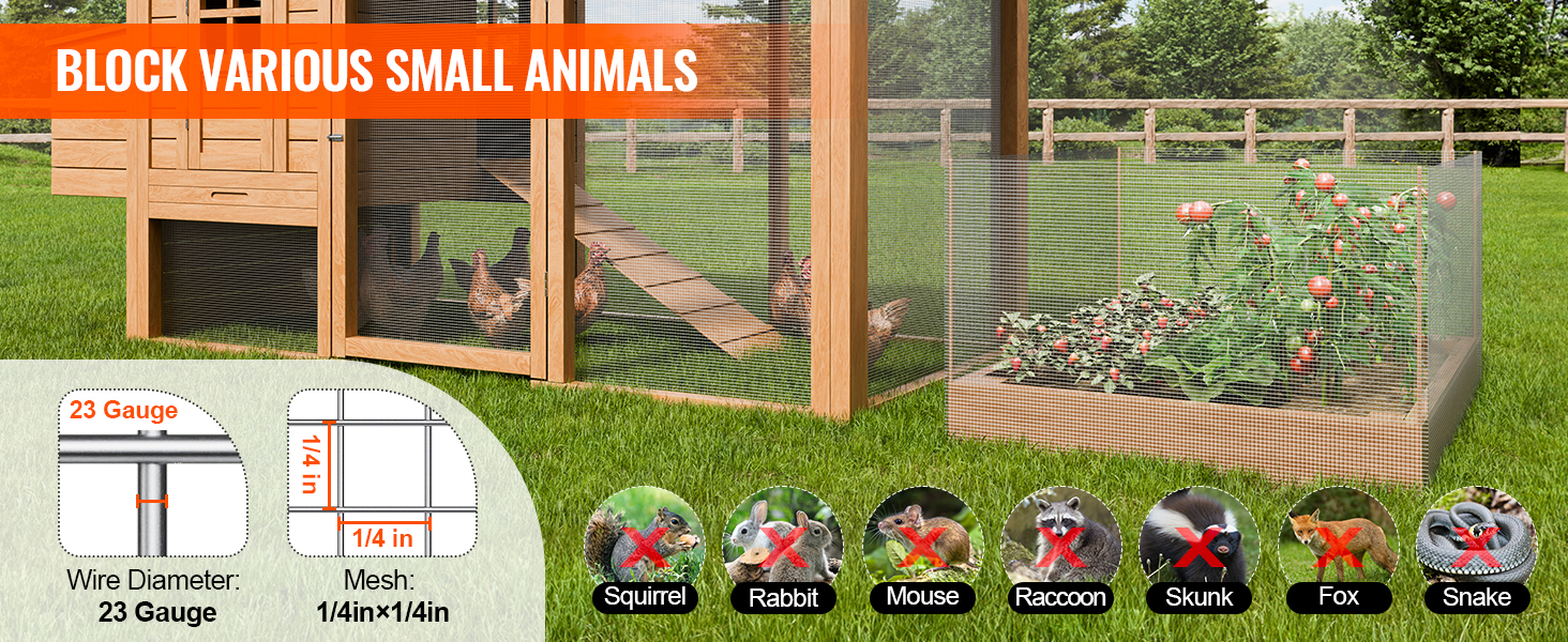 VEVOR hardware cloth protecting garden and chickens; blocks squirrels, rabbits, mice, raccoons, skunks, foxes, snakes.