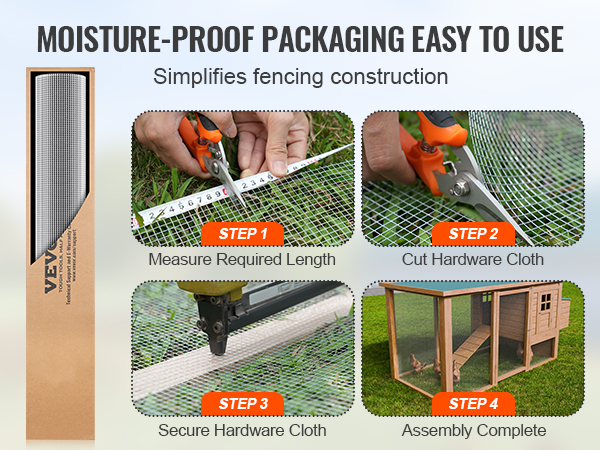 VEVOR hardware cloth packaging and installation steps for building a chicken coop.