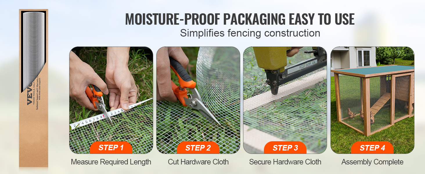 VEVOR hardware cloth packaging and installation steps for building a chicken coop.