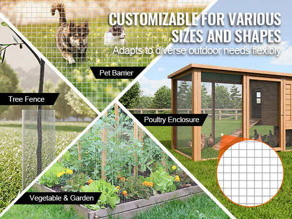 tree fence, pet barrier, poultry enclosure, and vegetable garden using VEVOR hardware cloth in a yard.
