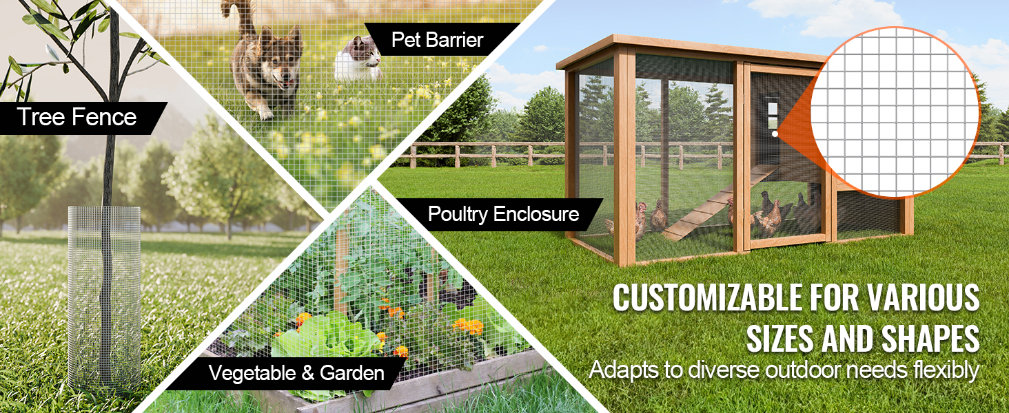 tree fence, pet barrier, poultry enclosure, and vegetable garden using VEVOR hardware cloth in a yard.