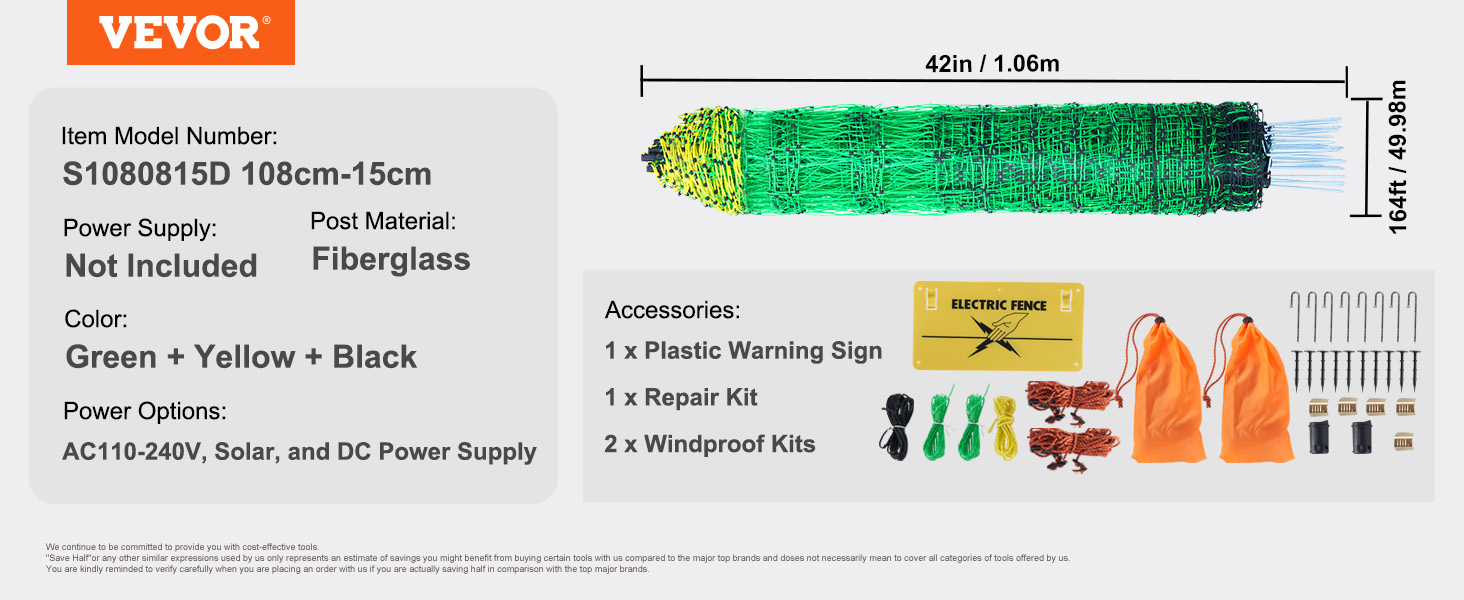 VEVOR electric fence netting, green, yellow, black colors, fiberglass posts, with accessories and dimensions.