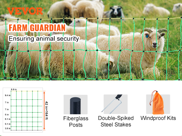 VEVOR electric fence netting for farm security, featuring durable posts, windproof kits, and steel stakes.