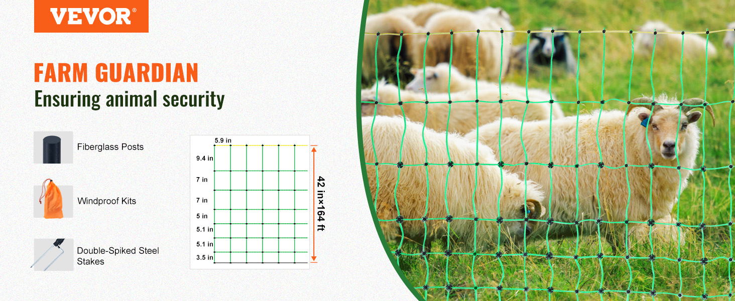 VEVOR electric fence netting for farm security, featuring durable posts, windproof kits, and steel stakes.