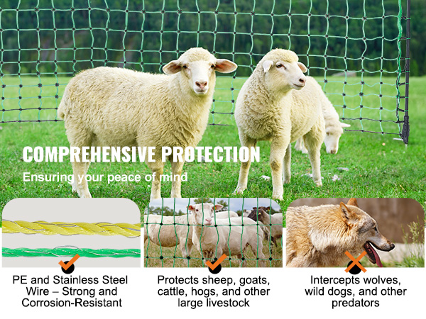 VEVOR electric fence netting protecting sheep, made of pe and stainless steel for livestock safety.