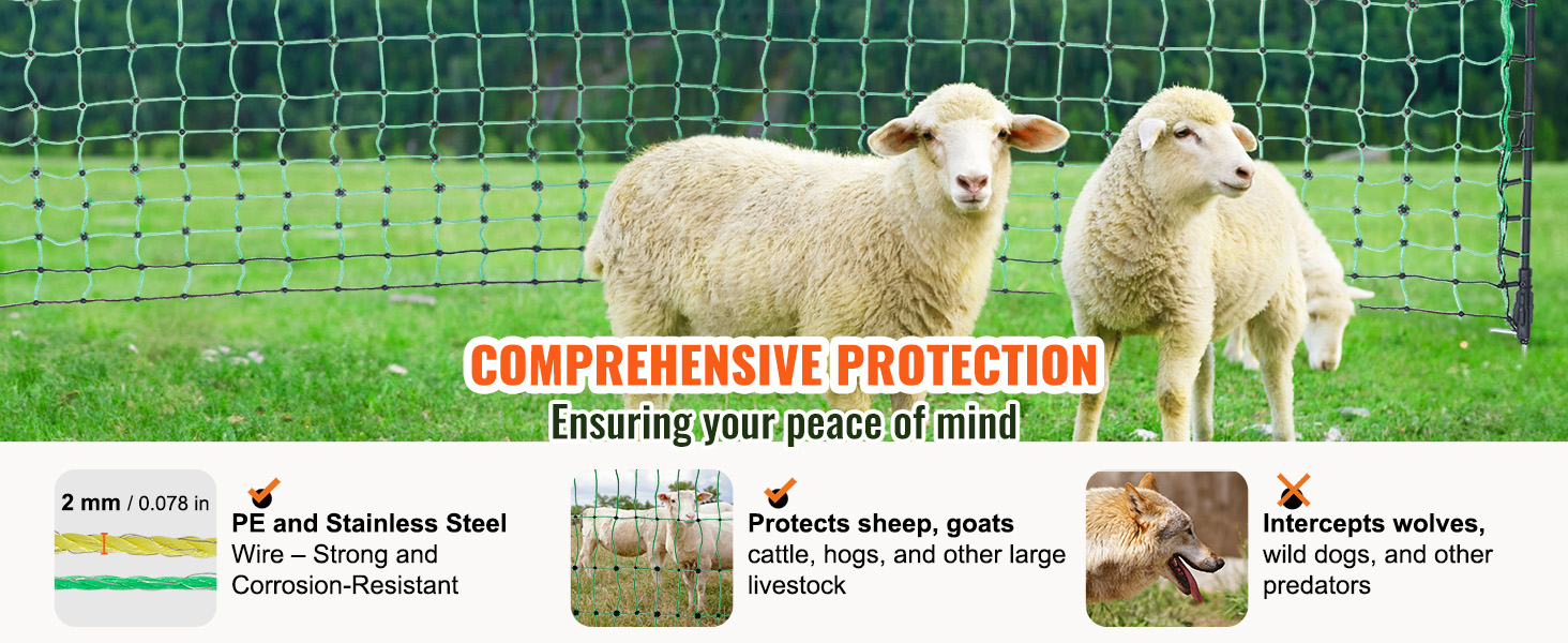 VEVOR electric fence netting protecting sheep, made of pe and stainless steel for livestock safety.