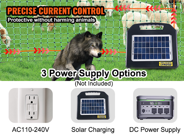 wolf near VEVOR electric fence netting protecting sheep; supports ac, solar, and dc power options.