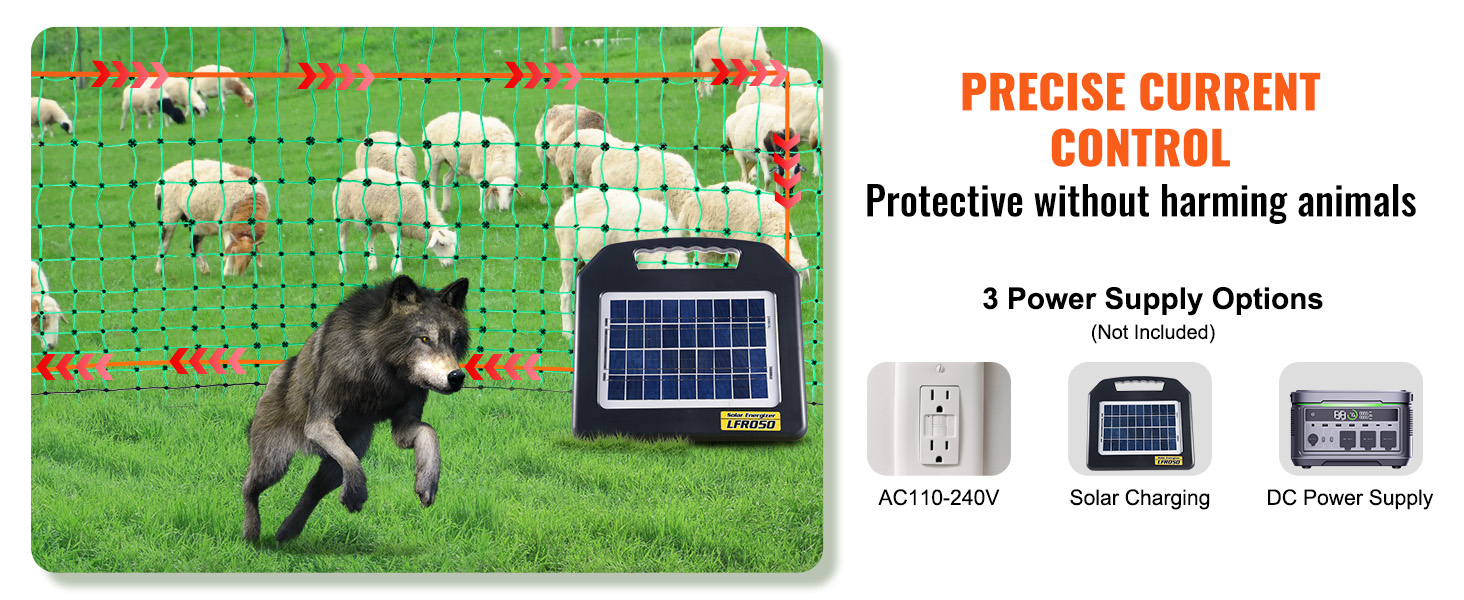 wolf near VEVOR electric fence netting protecting sheep; supports ac, solar, and dc power options.