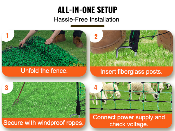 VEVOR electric fence netting installation steps and accessories for secure livestock containment.