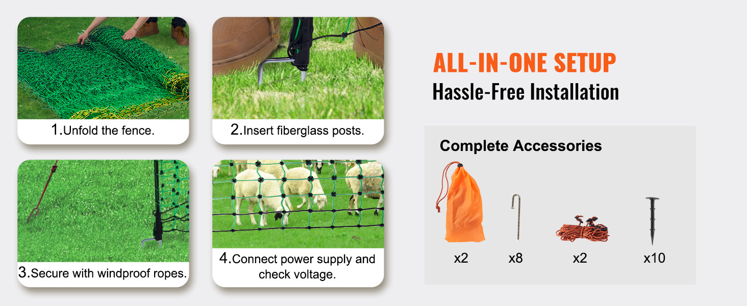 VEVOR electric fence netting installation steps and accessories for secure livestock containment.
