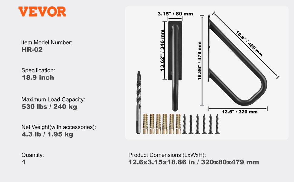 VEVOR handrails 18.9" hr-02, 530 lbs load capacity, includes drill bit, screws, anchors, dimensions 12.6x3.15x18.86 in.