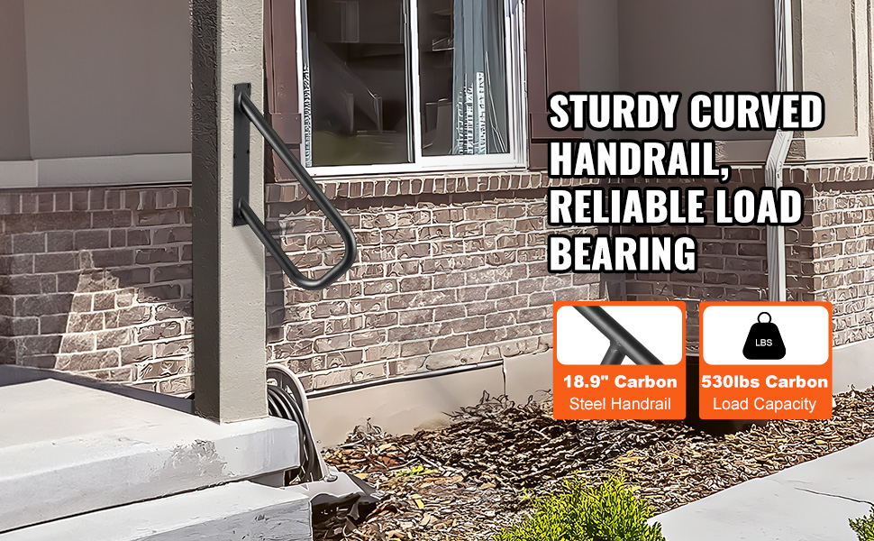 VEVOR handrails installed on an exterior wall, showcasing a sturdy curved design and high load capacity.