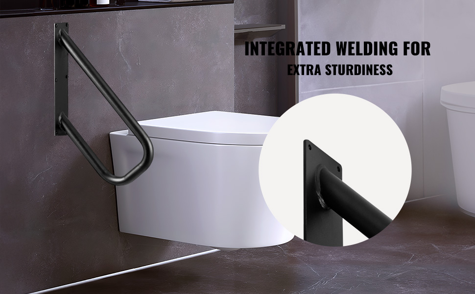 wall-mounted VEVOR handrails beside modern toilet, showcasing integrated welding for extra sturdiness.